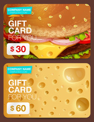 Two of gift cards with colorful design. With depicting cheese and hamburger. Discount card.