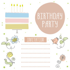 Happy birthday, cute invitation card with cake and flowers