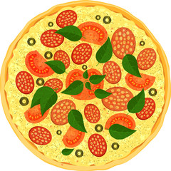 Colorful fresh pizza with salami slices of tomato, olive and leaves of basil.