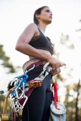 Close up of climbing equipment on a woman 
