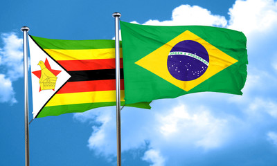 Zimbabwe flag with Brazil flag, 3D rendering