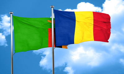Zambia flag with Romania flag, 3D rendering