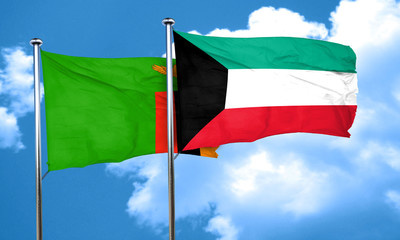 Zambia flag with Kuwait flag, 3D rendering