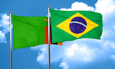 Zambia flag with Brazil flag, 3D rendering