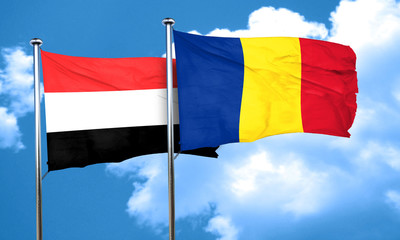 Yemen flag with Romania flag, 3D rendering