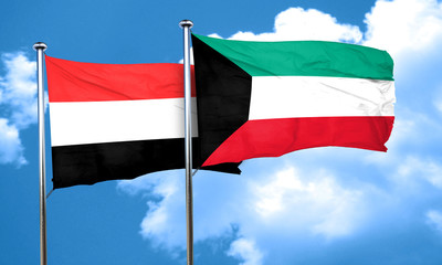 Yemen flag with Kuwait flag, 3D rendering