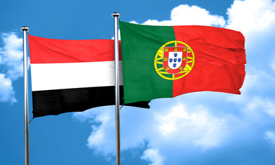 Yemen flag with Portugal flag, 3D rendering