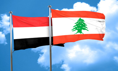 Yemen flag with Lebanon flag, 3D rendering