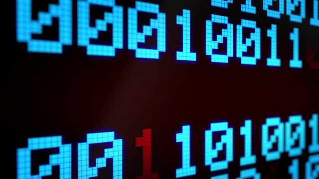 Looped animated background with running lines with binary code and shimmering text "HACKED" light-blue and red color on the black screen. Pixels. 4k. Seamless loop. 