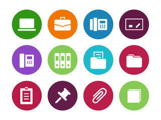 Office circle icons on white background.