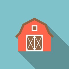 barn illustration, red barn icon with long shadow, simple farm icon flat design