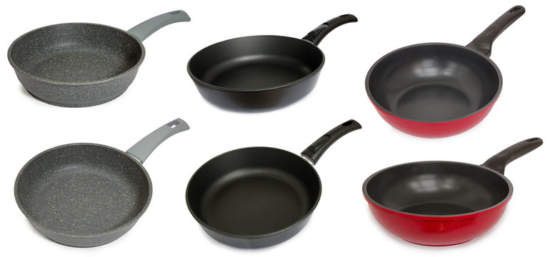 Set of different frying pan isolated on white background