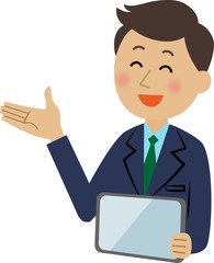説明をするスーツ姿の男性　タブレット