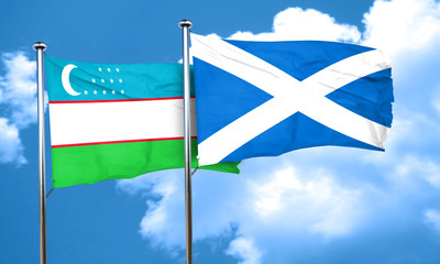 Uzbekistan flag with Scotland flag, 3D rendering
