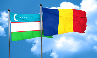 Uzbekistan flag with Romania flag, 3D rendering