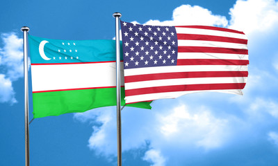 Uzbekistan flag with American flag, 3D rendering