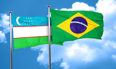 Uzbekistan flag with Brazil flag, 3D rendering