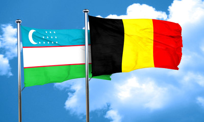 Uzbekistan flag with Belgium flag, 3D rendering