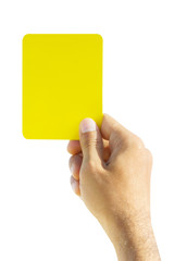Hand of soccer referee showing yellow card on white background