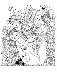 Naklejka premium Vector illustration Zen Tangle, squirrel with acorn sitting in flowers. Doodle drawing. Coloring book anti stress for adults. Black white.