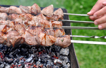 Barbecue Beef Kebabs On The Hot Grill In Nature Close-up. Coals