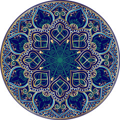 Drawing of a floral mandala in turquoise, darkblue and gold  colors on a white background