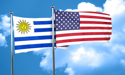 Uruguay flag with American flag, 3D rendering