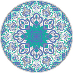 Drawing of a floral mandala in turquoise, blue and silver  colors on a white background