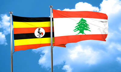 Uganda flag with Lebanon flag, 3D rendering