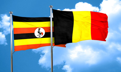 Uganda flag with Belgium flag, 3D rendering