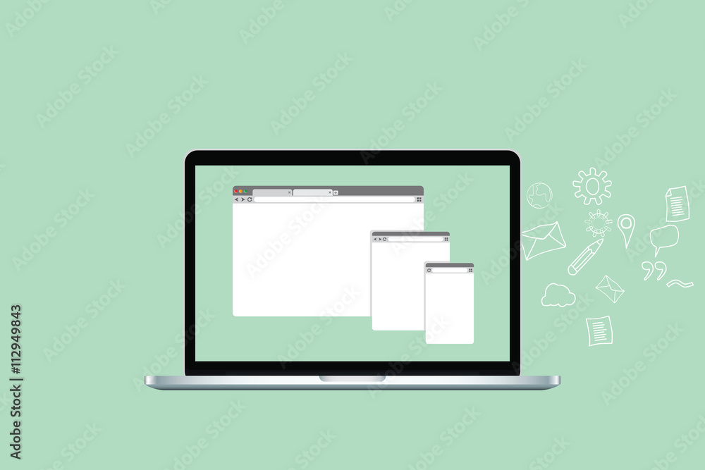 Poster website browser technology things with laptop and icon works and website browsers vector graphic ill