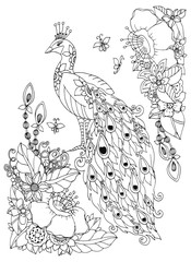 Vector illustration Zen Tangle, peacock and flowers. Doodle drawing. Coloring book anti stress for adults. Black white.