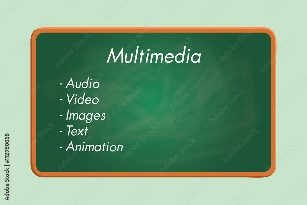 Poster multimedia component list audio video images text animation green board chalk effect vector graphic 