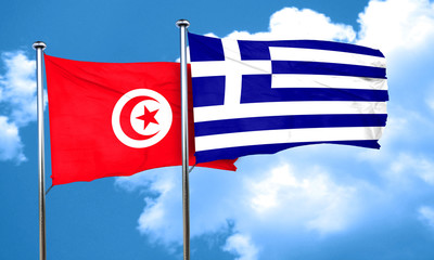 Tunesia flag with Greece flag, 3D rendering