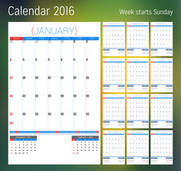 Calendar for 2016 year. Planner template. Vector design print template. Week starts Sunday. Set of 12 calendar pages. Stationery design