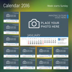 Calendar for 2016 year. Vector design print template with place for photo. Week starts Sunday. Set of 12 calendar pages. Stationery design