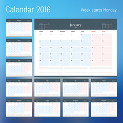 Calendar for 2016 year. Planner template. Vector design print template. Week starts Monday. Set of 12 calendar pages. Stationery design