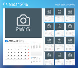 Calendar for 2016 year. Planner template. Vector design print template with place for photo. Week starts Monday. Set of 12 calendar pages. Stationery design