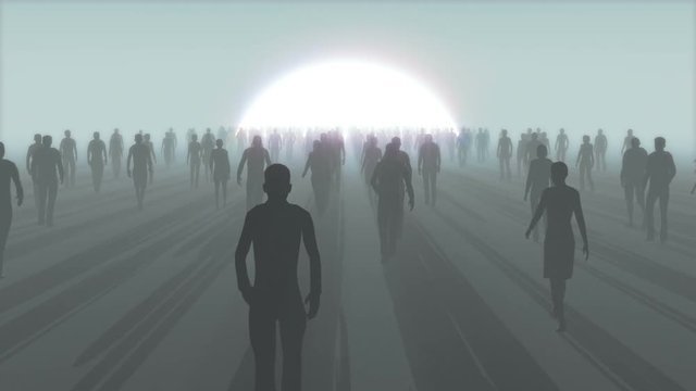 Hundreds of people male and female in silhouette, walking in mist towards large. Version with a depth of filed blur at start and glow.