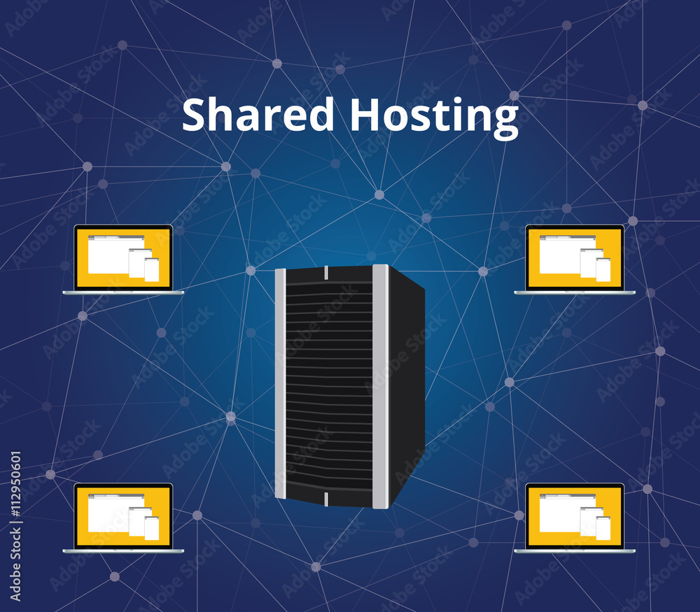 Poster shared hosting with server and laptop communication vector graphic illustration