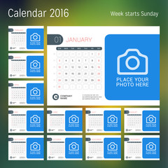 Calendar for 2016 year. Vector design print template with place for photo. Week starts Sunday. Set of 12 calendar pages. Stationery design