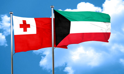 Tonga flag with Kuwait flag, 3D rendering