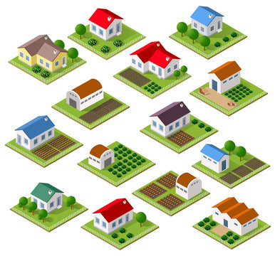 Set of townhouses and rural houses with trees in an isometric view and a garden