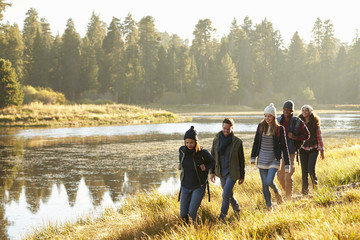 Five friends walking in a row in countryside beside a lake © Monkey Business