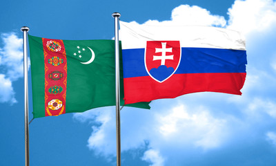 Turkmenistan flag with Slovakia flag, 3D rendering