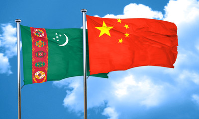 Turkmenistan flag with China flag, 3D rendering