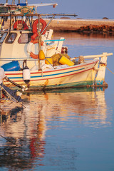 Fototapeta na wymiar Boats in small harbor near Vlacherna monastery, Kanoni, Corfu, G