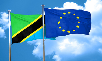 Tanzanian flag with european union flag, 3D rendering