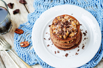 German chocolate pancakes with coconut and chocolate