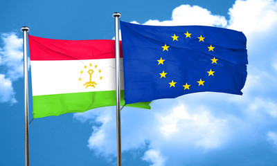 Tajikistan flag with european union flag, 3D rendering